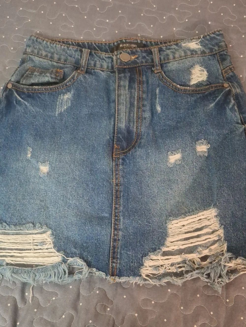 Black Label Blue Distressed Denim Mini Skirt with Frayed Hem size small